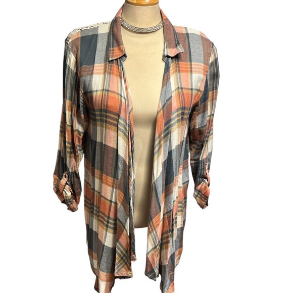 NATURAL REFLECTIONS Open Cardigan Sz L Coral Plaid Check Waterfall Lace Back - Picture 3 of 11